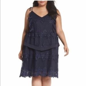 Lace and ruffle peplum navy dress